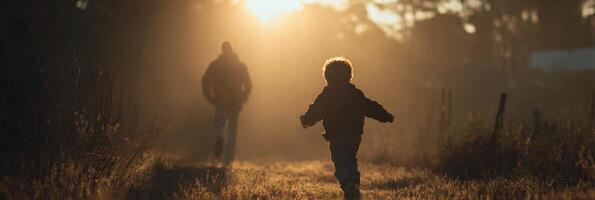Happy Child Runs Joyfully Toward Father in Glowing Outdoor Light During Golden Hour in a Grassy Field photo