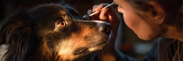 Vet Conducts Eye Examination on Dog Using Specialized Tool in Warm, Soft Lighting to Ensure Pet Health and Comfort photo