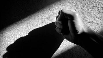 Clenched Fist Silhouette Casting a Long Shadow on a Textured Wall During Daylight in a Minimalist Setting photo