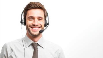Support Agent Communicates With Customers While Smiling, Enhancing Trust and Positivity in a Customer Service Environment photo