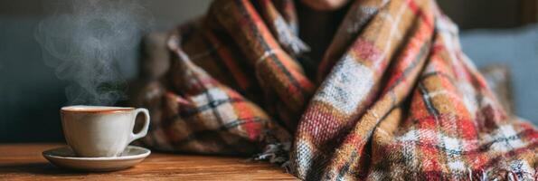 Sick Person Wrapped in Plaid Blanket With Steaming Cup of Tea on Table in Cozy Indoor Setting During Winter Afternoon photo