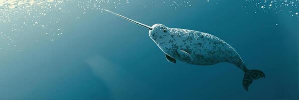 Narwhal Gliding Through Serene Underwater Depths With Tusk Extended, Capturing the Essence of Arctic Marine Life in Its Natural Habitat photo