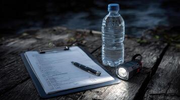 Checklist With Clipboard, Light Source, and Bottled Water on a Wooden Surface by the Water in a Natural Setting During the Day photo
