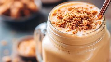 Indulgent Peanut Butter Smoothie with Crushed Cookie Topping. photo