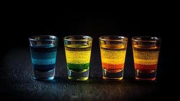 Four colorful layered shots on a dark textured surface with bokeh. photo