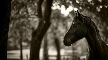 Majestic Horse Portrait in Sepia Tone with Soft Bokeh Background. photo