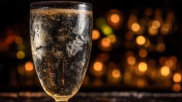 Sparkling Bubbles in a Glass with Warm Bokeh Background. photo
