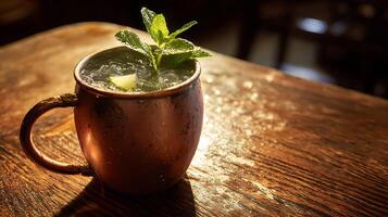 Refreshing Moscow Mule Cocktail in a Copper Mug on a Rustic Table. photo