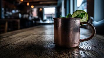 Cold Copper Mug With Lime And Mint On A Wooden Table. photo