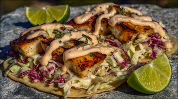 A plate with two tacos and a lime photo