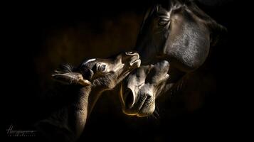 A tender moment shared between a mother horse and her foal. photo