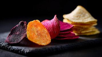 Colorful Vegetable Chips Arranged Artfully on a Dark Surface. photo