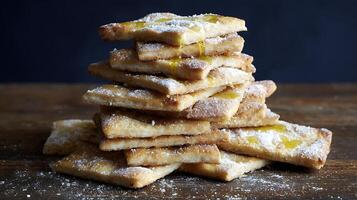 Golden Focaccia Slices Drizzled with Olive Oil and Dusted with Powdered Sugar. photo