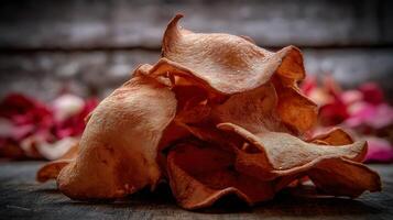 Crispy Sweet Potato Chips Delight on Rustic Wooden Surface with Petals. photo