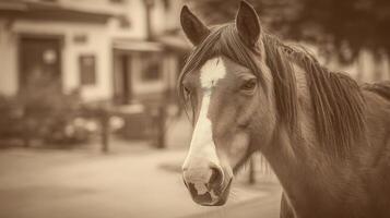 Gentle Portrait of a Horse in Sepia Tones with Blurred Background. photo