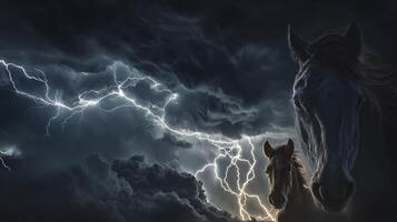 Majestic Horses Stand Strong Against a Powerful Thunderstorm. photo
