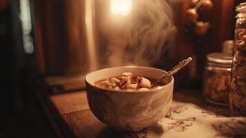 Steaming Bowl of Hearty Stew with Spoon and Jar of Nuts. photo