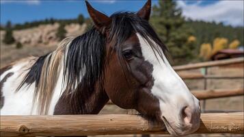 Beautiful horse with brown and white markings rests its head on a fence. photo