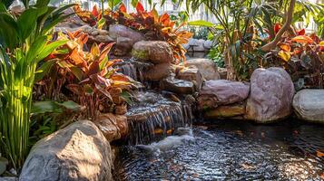 Serene koi pond with cascading waterfall and vibrant foliage in sunlight. photo