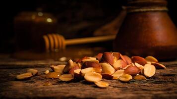 Delicious Nuts Drizzled with Golden Honey on Rustic Wood. photo