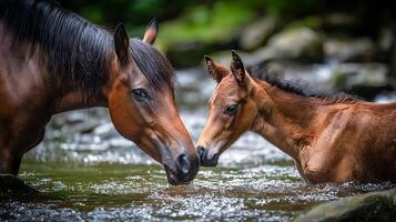 A mother horse and her foal share a tender moment in a stream. photo