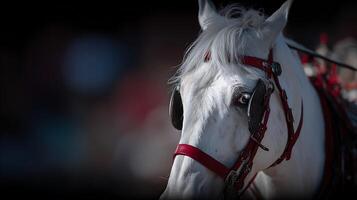 Majestic White Horse with Red Harness in Dramatic Close-Up. photo