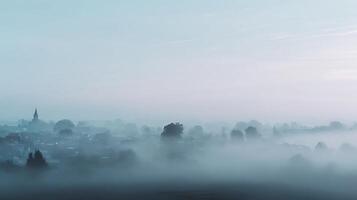 Serene Village Awakens Under a Gentle Blanket of Morning Fog. photo