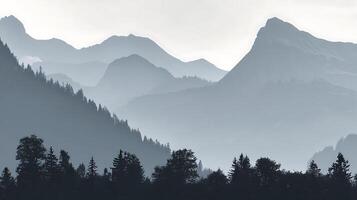 Misty Mountain Layers with Silhouetted Forest Trees. photo