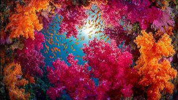 Vibrant Coral Reef Teeming with Colorful Fish Under Sunny Ocean Surface. photo