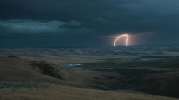 Dramatic Lightning Strikes Over Rolling Hills Under Stormy Skies. photo