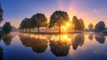 Golden Sunrise Over Misty Lake Reflecting Trees and Sky. photo