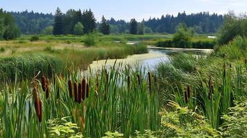 Lush Cattails Swaying Beside a Calm Swampy River on a Sunny Day. photo