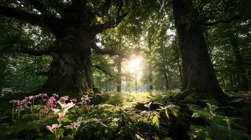 Sunbeams pierce ancient forest, illuminating delicate wildflowers and mossy trees. photo