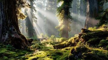 Sunbeams filter through a lush green ancient forest floor. photo