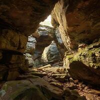Sunlit Passage Through Ancient Rocky Canyon Walls. photo