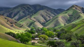 Rolling Green Hills Farm with Cattle Under Moody Sky. photo