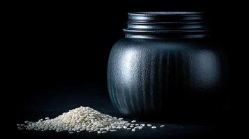 Darkly Lit Jar With White Sesame Seeds Spilled On Black Surface. photo