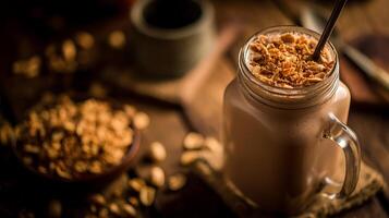 Rich Chocolate Peanut Butter Smoothie with Crunchy Topping for a Delicious Treat. photo