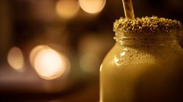 Creamy Smoothie with Seed Rim and Striped Straw, Cozy Ambiance. photo