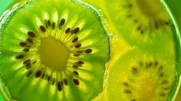 Close up of glowing kiwi slices in bubbly liquid. photo