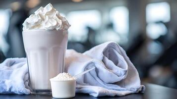 Protein shake and powder with a towel in a gym setting. photo