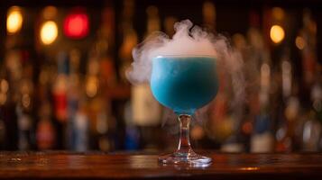 Mysterious blue drink with smoke effect in a dimly lit bar. photo