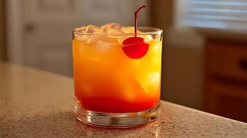 Refreshing Tropical Sunset Drink with Cherry and Ice photo