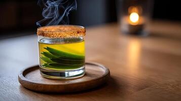 Aromatic Herbal Drink with a Smoking Rim and Candle Glow photo