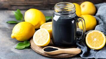 Fresh Lemon Detox Drink with Activated Charcoal Powder. photo