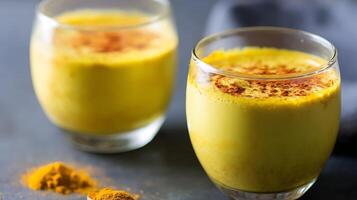 Bright Golden Turmeric Drinks with Cinnamon Sparkle. photo