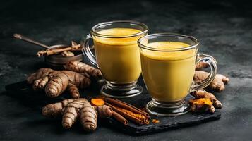 Warm Golden Turmeric Milk with Ginger and Cinnamon. photo