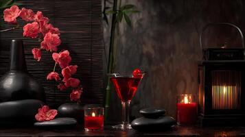 Serene Spa Setting with Exotic Flowers and Warm Candlelight. photo