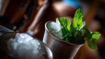 Refreshing Mint Julep Drink with Crushed Ice and Fresh Mint Leaves. photo