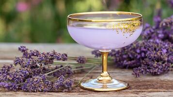 Refreshing Lavender Drink with Edible Gold Flakes on Rustic Wood. photo